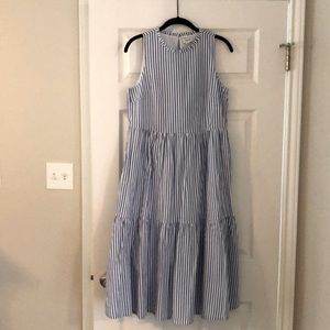 J.Crew blue and white striped tiered midi dress